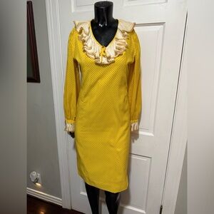 Vintage Yellow Polka Dot Ruffle Collar Long Sleeve Dress 1960s 1970s Womens